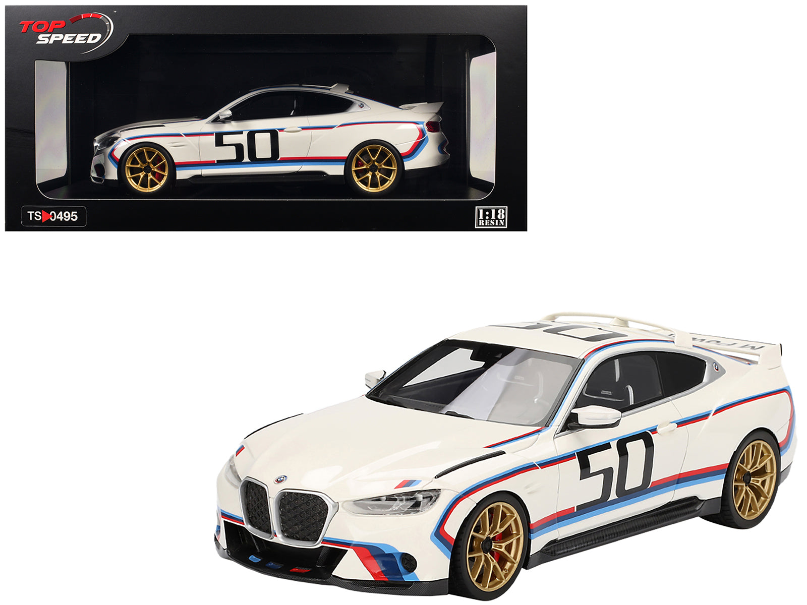 BMW M4 3.0 CSL #50 White with Blue and Red Stripes 1/18 Model Car by Top Speed free shipping USA
