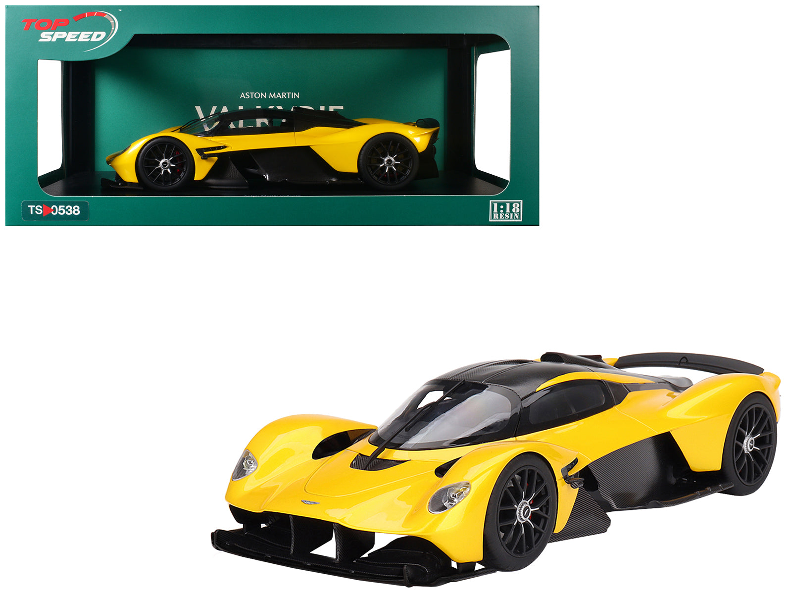 Aston Martin Valkyrie Cosmopolitan Yellow Metallic and Carbon 1/18 Model Car by Top Speed free shipping USA