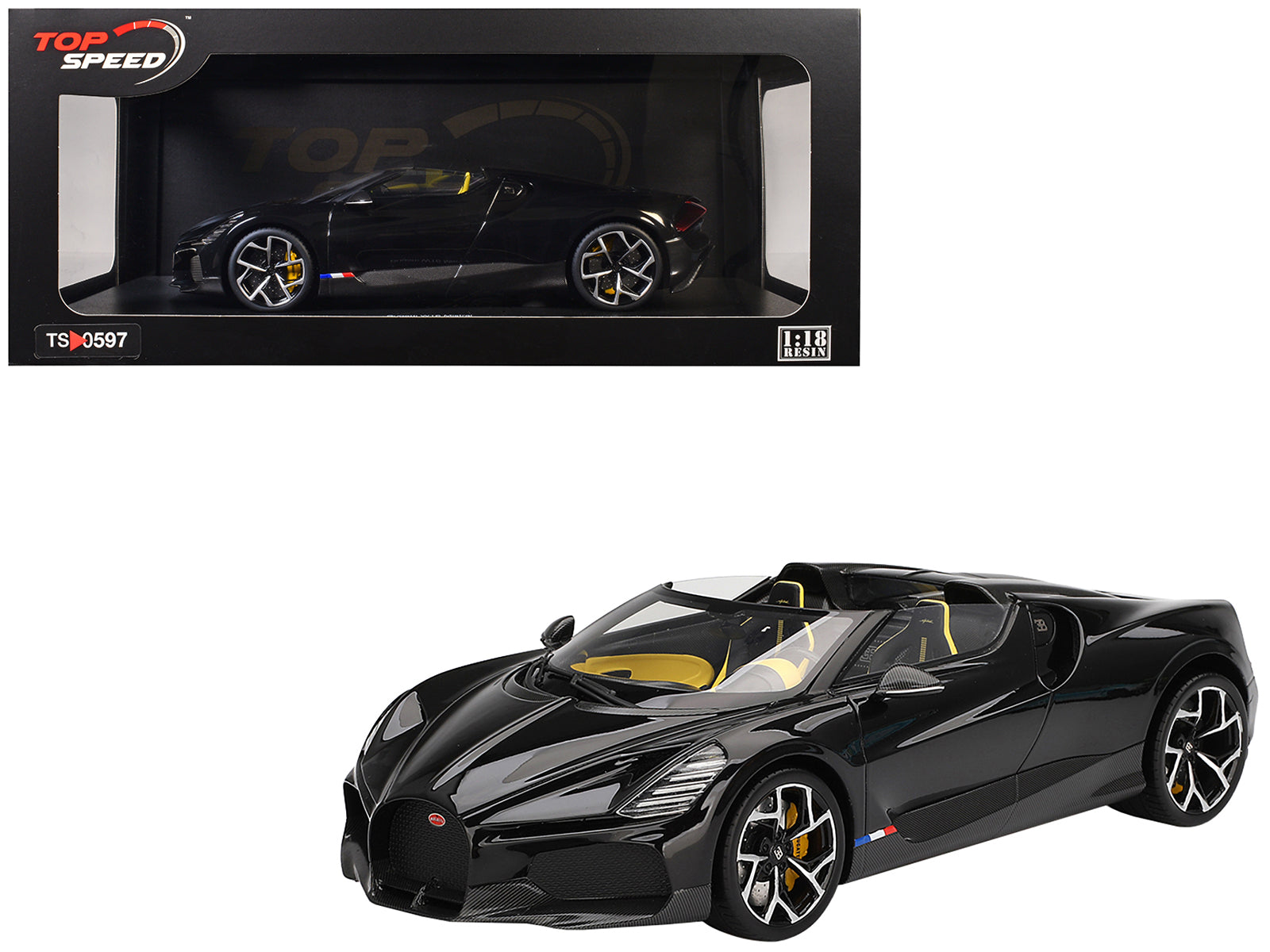 Bugatti W16 Mistral Black with Yellow Interior 1/18 Model Car by Top Speed free shipping USA