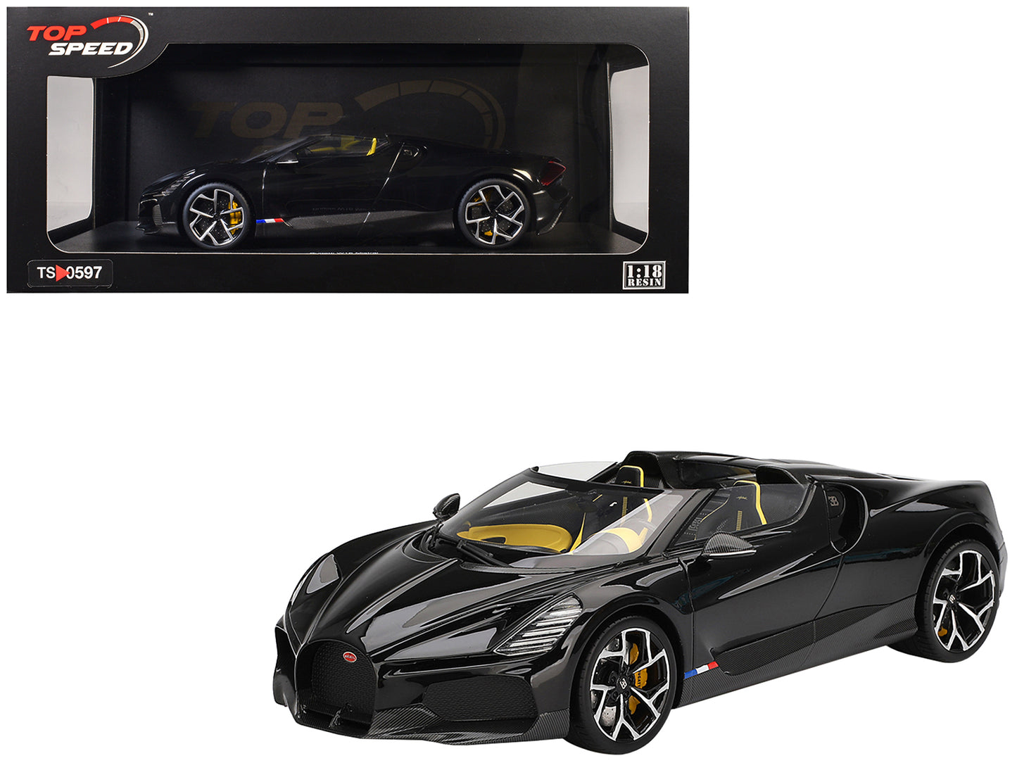 Bugatti W16 Mistral Black with Yellow Interior 1/18 Model Car by Top Speed