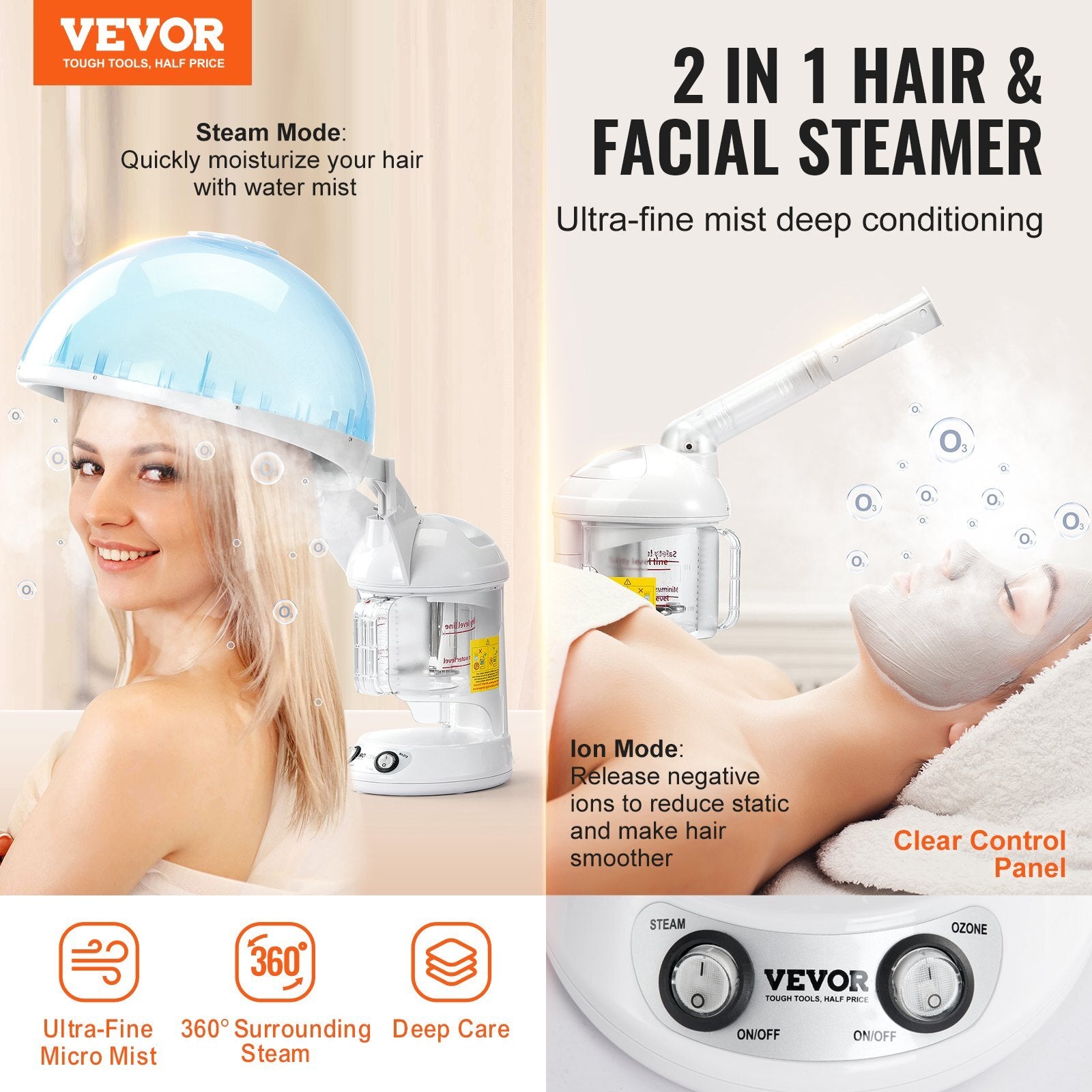 VEVOR 2 in 1 Hair & Facial Steamer, Professional Hair Steamer with Detachable Bonnet Hood, Nano Ionic Face Steamer with 360? Rotatable Sprayer for Deep Conditioning, Perfect for Home Beauty Salon Spa - Premium Hair Dryers from VEVOR - Just $95.19! Shop now at Rapidvehicles