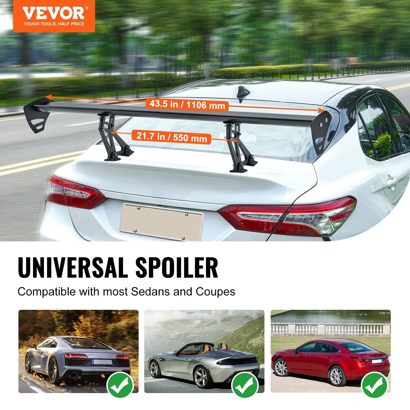 VEVOR GT Wing Car Spoiler, 43.3 inch Universal Spoiler with Single Deck, Adjustable Lightweight Aluminum, Car Rear Spoiler Wing, Racing Spoiler BGW/JDM Drift Black - Premium Trunk Spoiler from VEVOR - Just $69.99! Shop now at Rapidvehicles