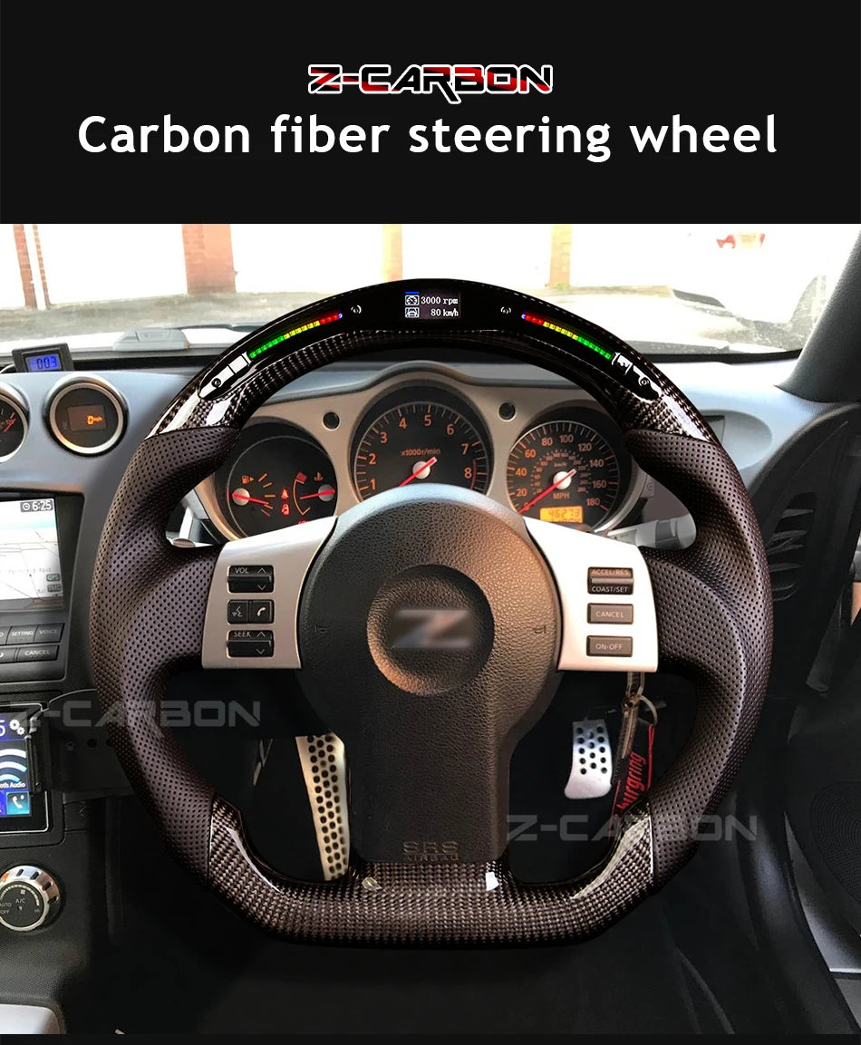 For Nissan 350Z Z33 2003-2008 LED Steering Wheel Carbon Fiber Perforated Leather Steering Wheel Flat Bottom Red Stitching