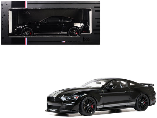 2022 Ford Mustang Shelby GT500 Black with Silver Stripes 1/18 Diecast Model Car by IXO Models
