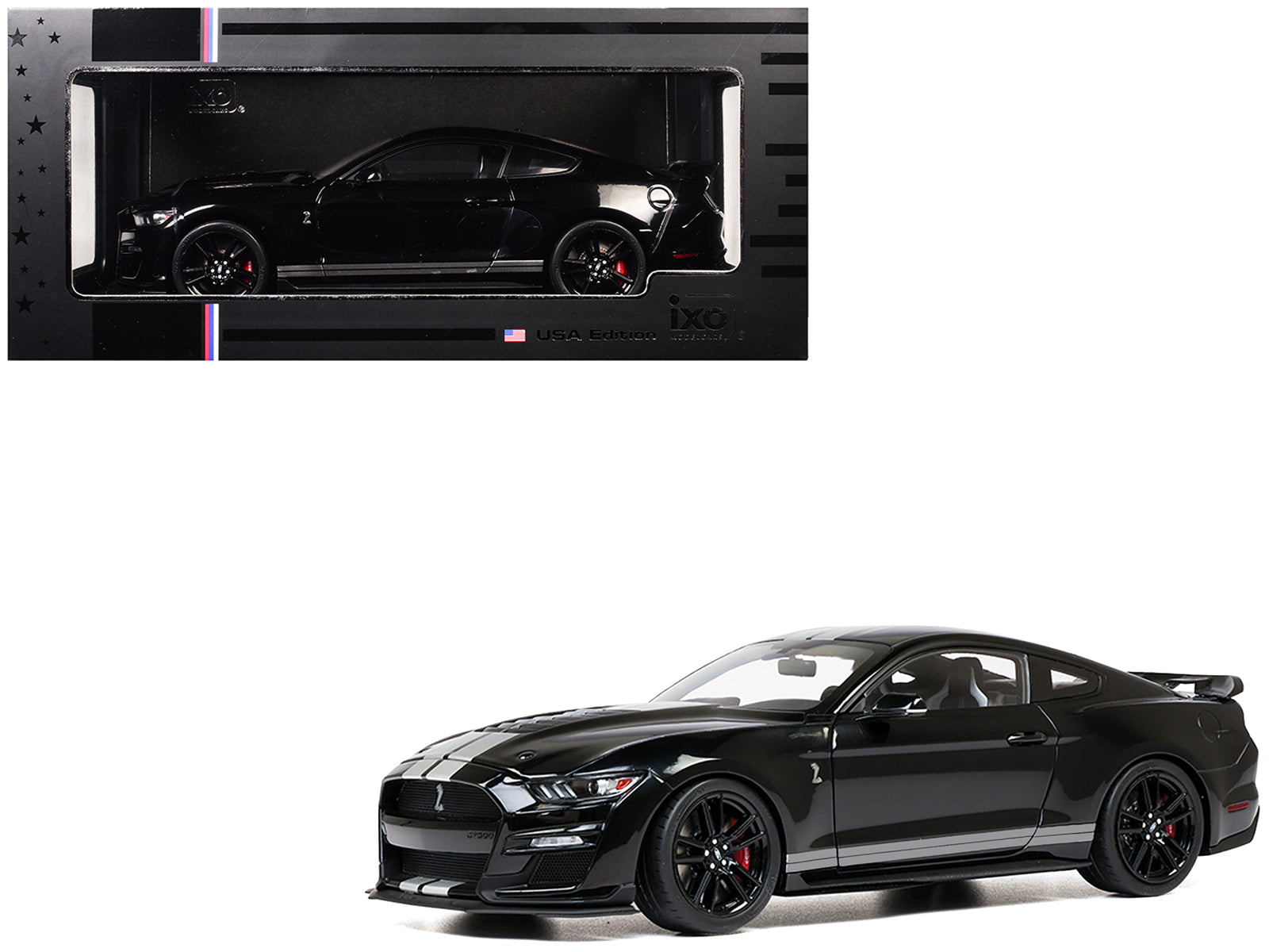 2022 Ford Mustang Shelby GT500 Black with Silver Stripes 1/18 Diecast Model Car by IXO Models free shipping USA