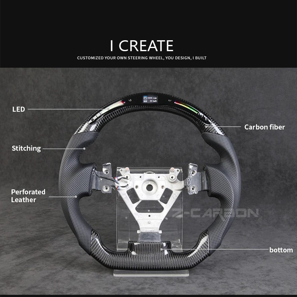 For Nissan 350Z Z33 2003-2008 LED Steering Wheel Carbon Fiber Perforated Leather Steering Wheel Flat Bottom Red Stitching