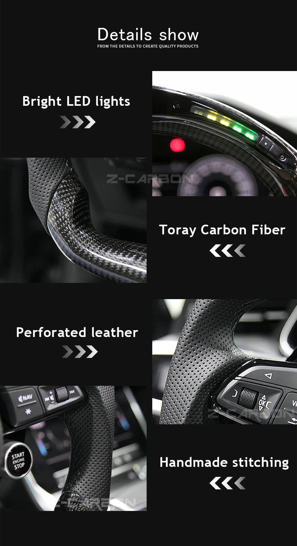 For Nissan 350Z Z33 2003-2008 LED Steering Wheel Carbon Fiber Perforated Leather Steering Wheel Flat Bottom Red Stitching