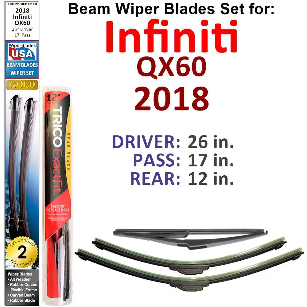 Beam Wiper Blades for 2018 Infiniti QX60 (Set of 3) 