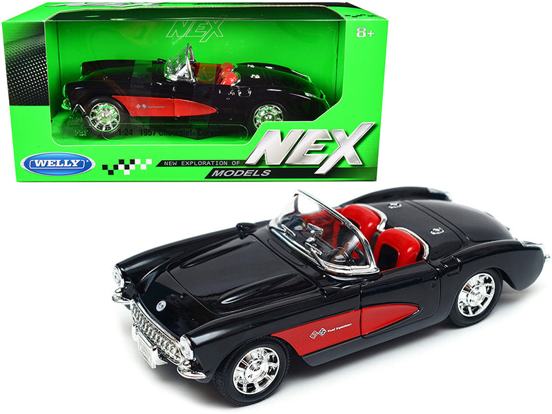 1957 Chevrolet Corvette Convertible Black and Red with Red Interior "NEX Models" 1/24 Diecast Model Car by Welly - Premium  from Rapidvehicles - Just $43.99! Shop now at Rapidvehicles