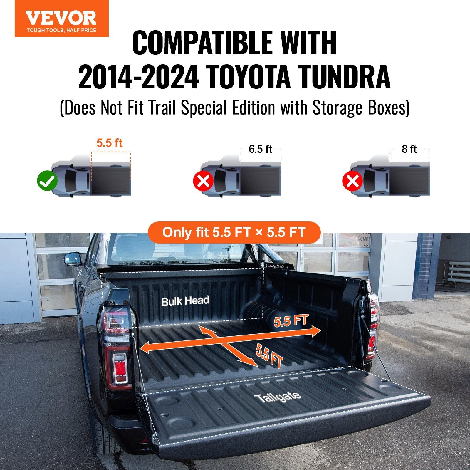 VEVOR Tri-Fold Truck Bed Tonneau Cover, Compatible with 2014-2024 Toyota Tundra (NOT FIT Trail Special Edition with Storage Boxes), Fleetside 5.5' (67") Short Bed 2023, 400 lbs Load Capacity, Black - Premium Tonneau Cover from VEVOR - Just $458.99! Shop now at Rapidvehicles