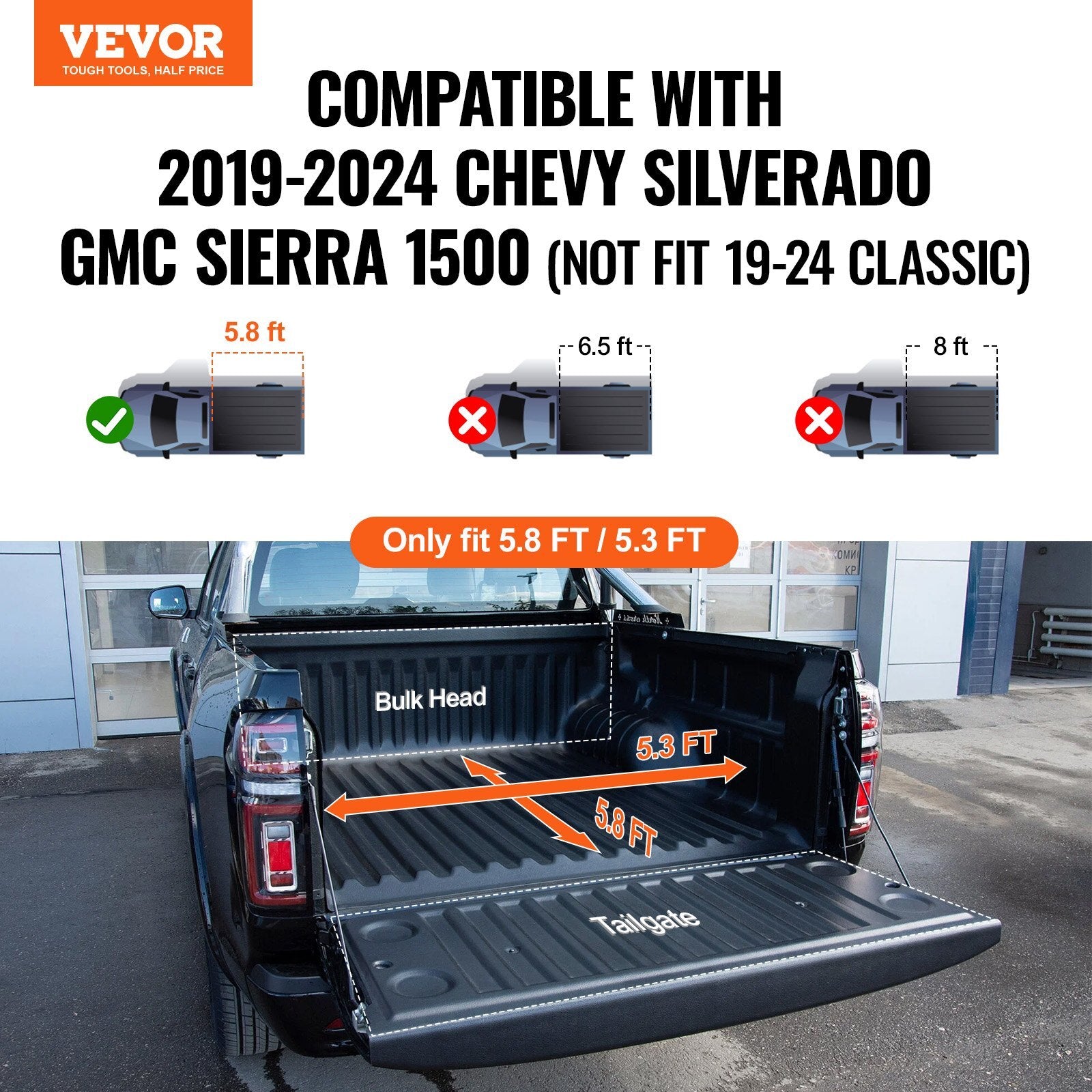 VEVOR Tri-Fold Truck Bed Tonneau Cover, Compatible with 2019-2024 Chevy Silverado GMC Sierra 1500 (NOT FIT 19-24 Classic) 5'8" Bed, Fit 5.8' x 5.3' (70" x 63.3") Inside Bed, 400 lbs Capacity, Black - Premium Tonneau Cover from VEVOR - Just $623.99! Shop now at Rapidvehicles