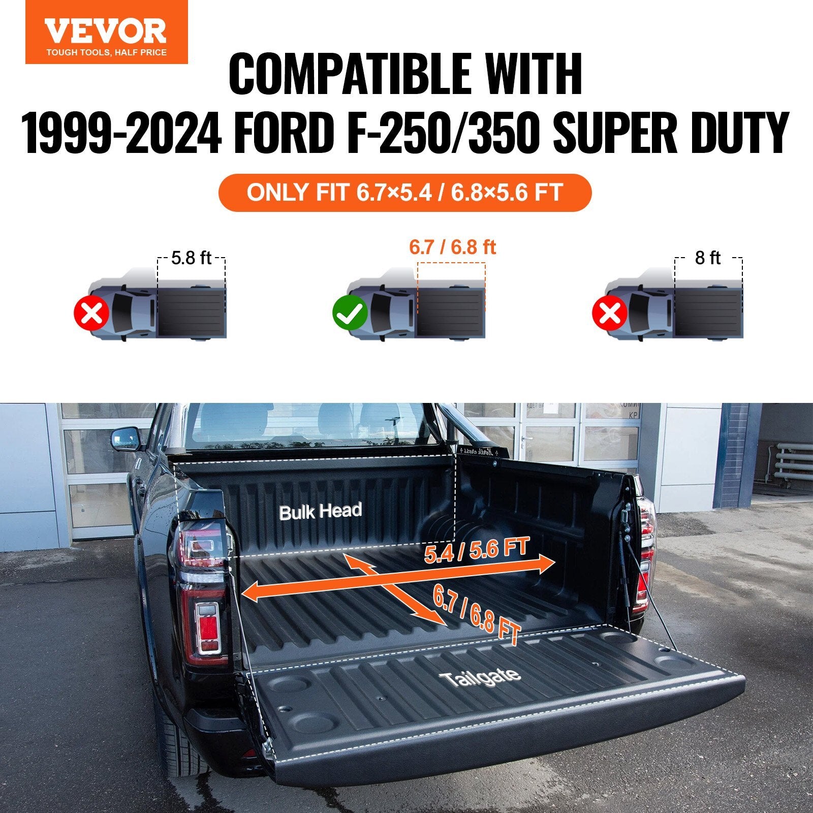 VEVOR Tri-Fold Truck Bed Tonneau Cover, Compatible with 1999-2024 Ford F-250 F-350 Super Duty, Styleside 6.75' (81", 82") Bed, Fit 6.7' x 5.4'/6.8' x 5.6' Inside Bed, 400 lbs Load Capacity, Black - Premium Tonneau Cover from VEVOR - Just $524.99! Shop now at Rapidvehicles