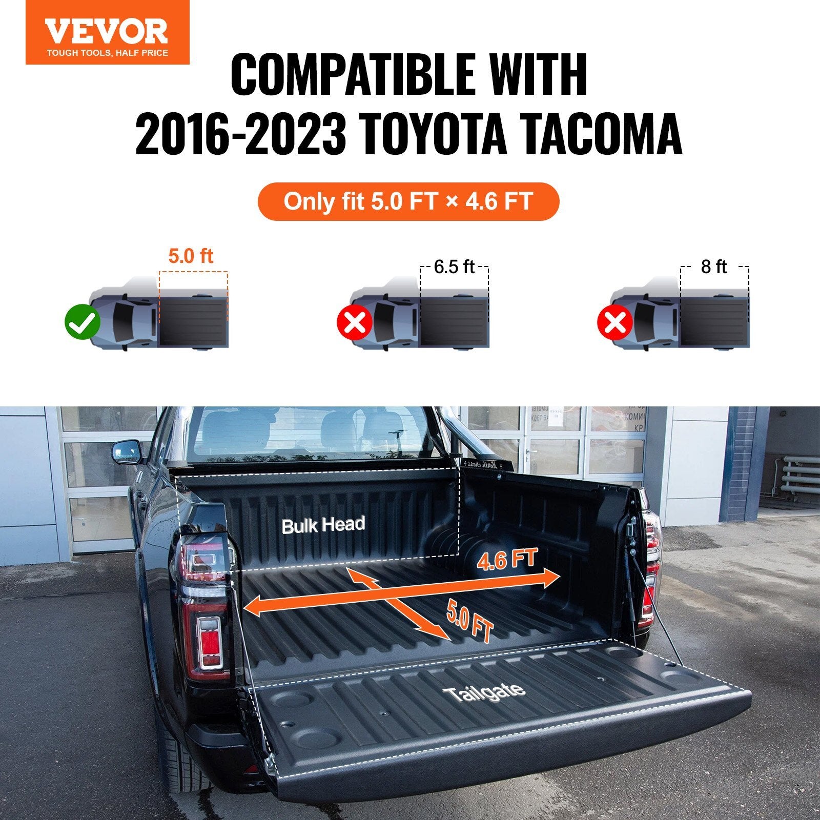 VEVOR Tri-Fold Truck Bed Tonneau Cover, Compatible with 2016-2023 Toyota Tacoma, 5' (60.5") Bed, Only Fit 5.0' x 4.6' (60.5" x 55.0") Inside Bed, 400 lbs Load Capacity, LED Light, Quick Folding, Black - Premium Tonneau Cover from VEVOR - Just $302.89! Shop now at Rapidvehicles