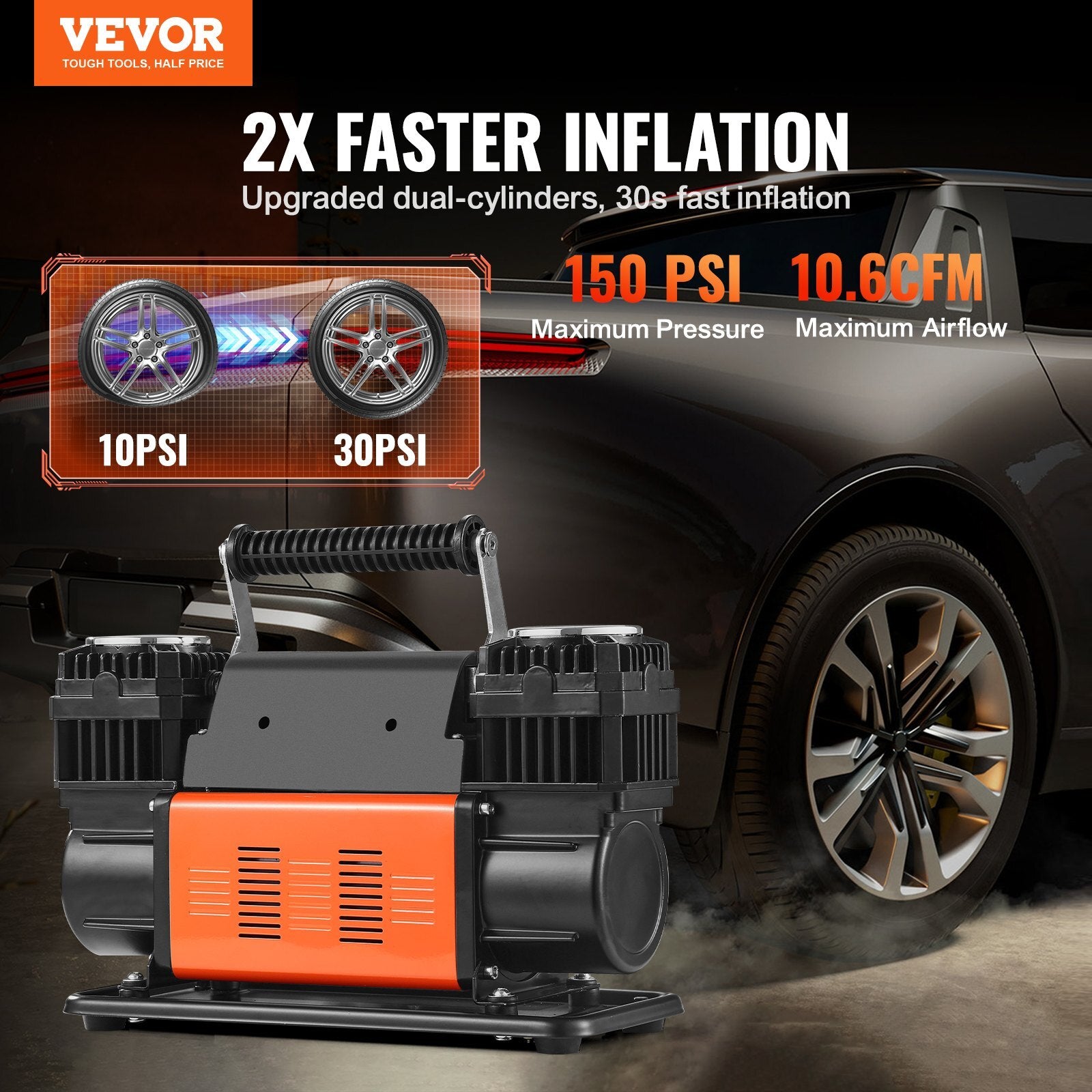 VEVOR 10.6CFM Portable Tire Inflator Dual-Cylinder Air Compressor 12V 150PSI - Premium Tire Inflators from VEVOR - Just $160.99! Shop now at Rapidvehicles