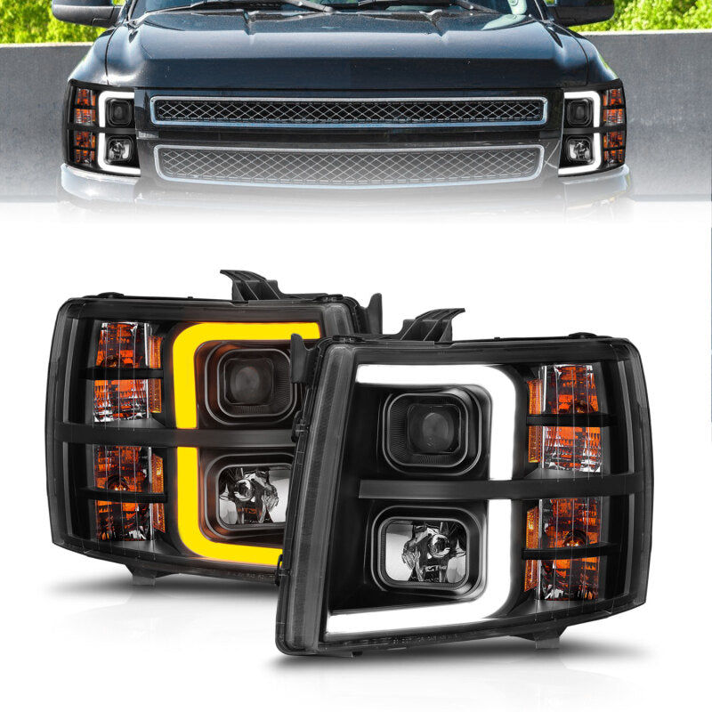 ANZO 2007-2013 Chevrolet Silverado 1500 Projector w/ Light Bar Black Housing w/ Sequential 111545