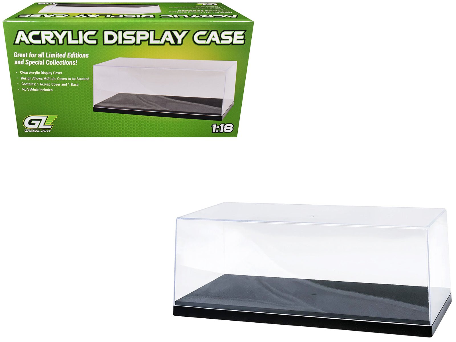 Acrylic Display Case for 1/18 - 1/24 Scale Model Cars with Black Plastic Base (Replaces Greenlight 55020) by Greenlight free shipping USA - Rapid Vehicles