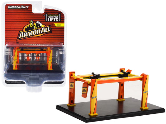 Adjustable Four-Post Lift "ArmorAll" Orange and Yellow "Four-Post Lifts" Series 4 1/64 Diecast Model by Greenlight free shipping USA - Rapid Vehicles