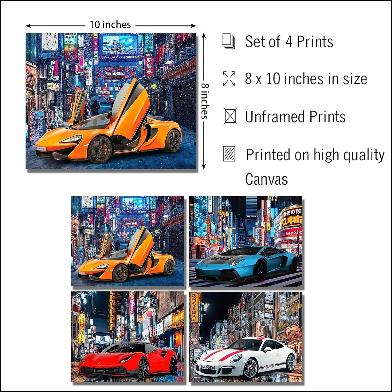 Japanese Street Style Car Posters for Boys Room Lamborghini Poster Mclaren Ferrari Bugatti Car Print Canvas Wall Art Bedroom Wall Decor,8X10 Inches,Set of 4,Unframed - Premium  from Rapidvehicles - Just $179.99! Shop now at Rapidvehicles