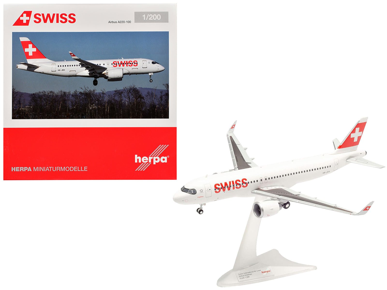Airbus A220 - 100 Commercial Aircraft "Swiss International Air Lines" (HB - JBH) White with Red Tail 1/200 Diecast Model Airplane by Herpa free shipping USA - Rapid Vehicles