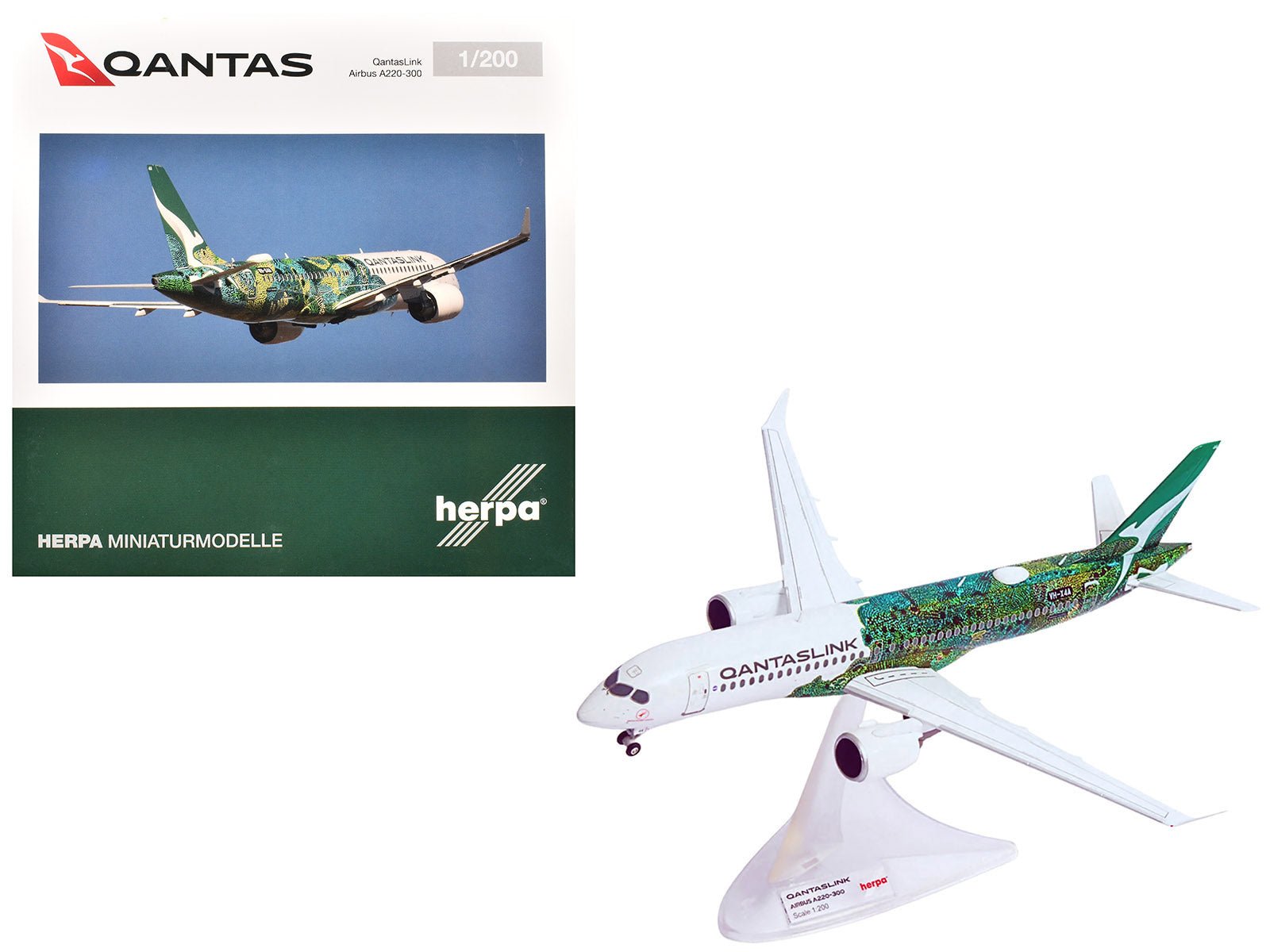 Airbus A220-300 Commercial Aircraft "QantasLink Flying Art Series - Minyma Kutjara Tjukurpa" (VH-X4A) White with Green Graphics 1/200 Diecast Model by Herpa free shipping USA - Rapid Vehicles