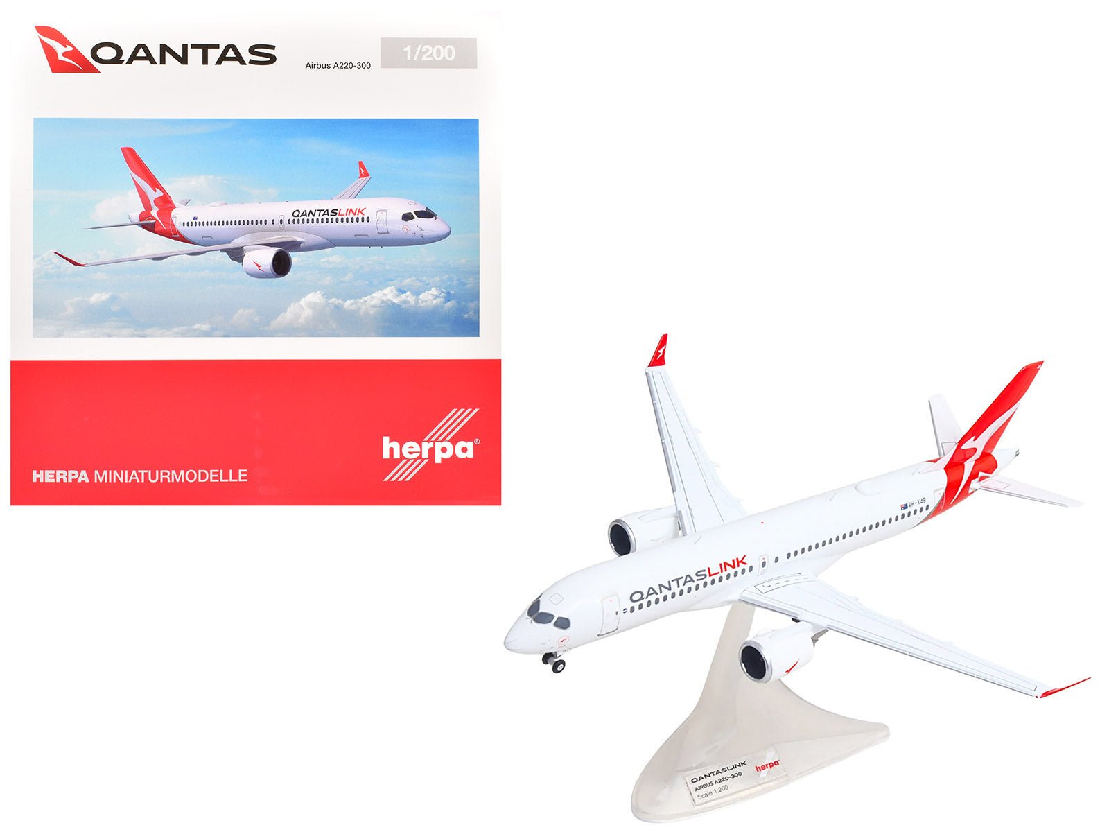 Airbus A220 - 300 Commercial Aircraft "QantasLink" (VH - X4B) White with Red Tail 1/200 Diecast Model by Herpa free shipping USA - Rapid Vehicles