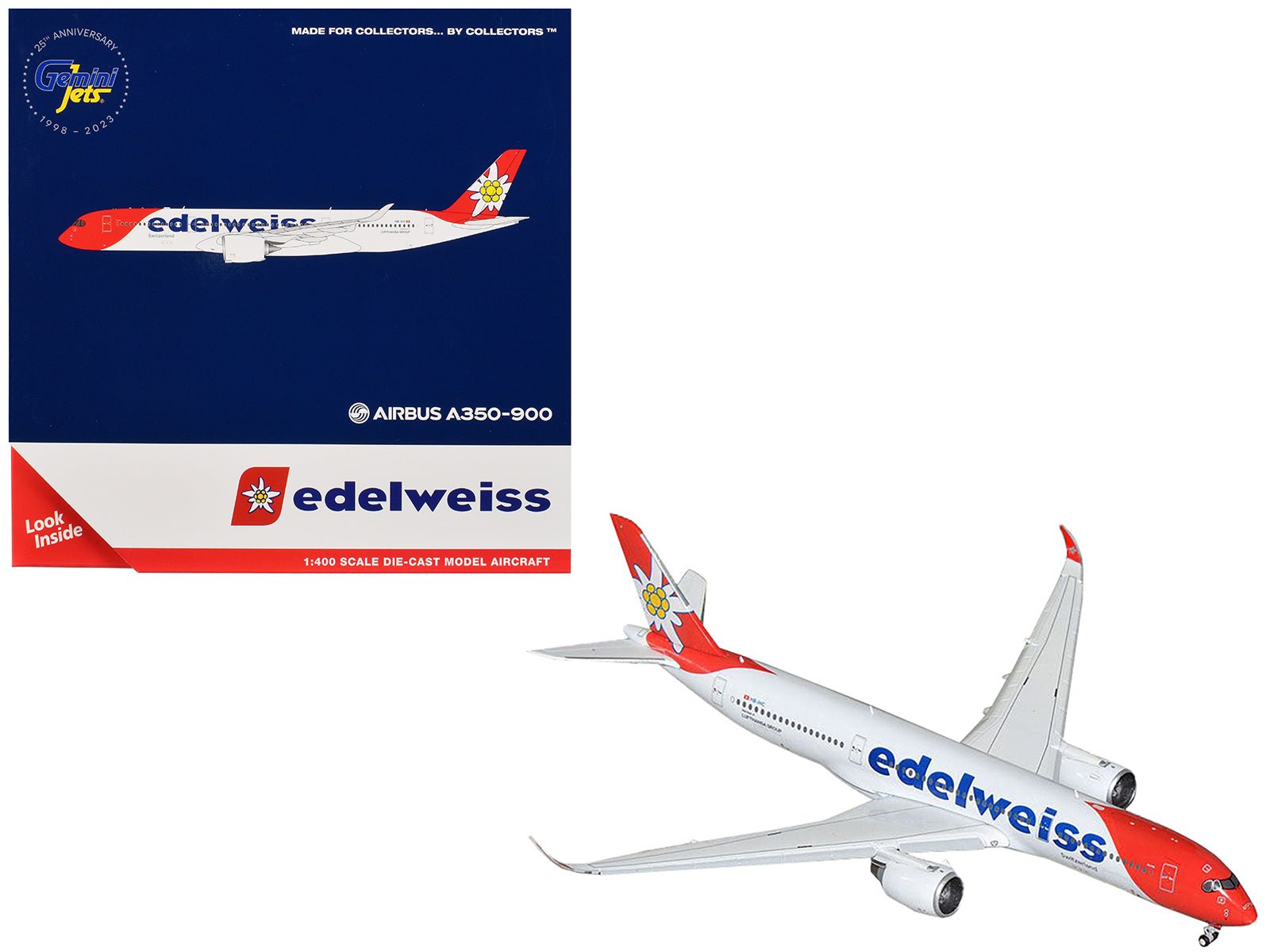 Airbus A350 - 900 Commercial Aircraft with Flaps Down Configuration "Edelweiss Air" (HB - IHC) White with Red Tail 1/400 Diecast Model Airplane by GeminiJets free shipping USA - Rapid Vehicles