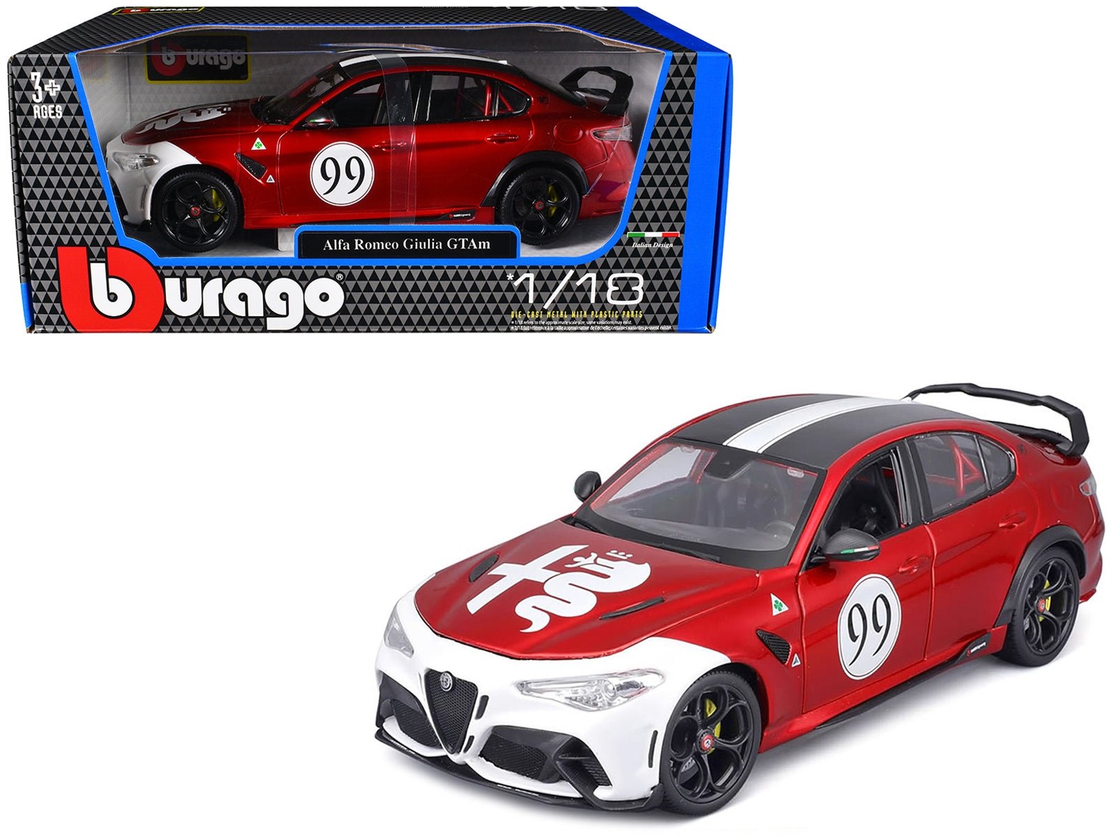 Alfa Romeo Giulia GTAm 99 Red Metallic with Black Top and White Graphics 1/18 Diecast Model Car by Bburago - Rapid Vehicles