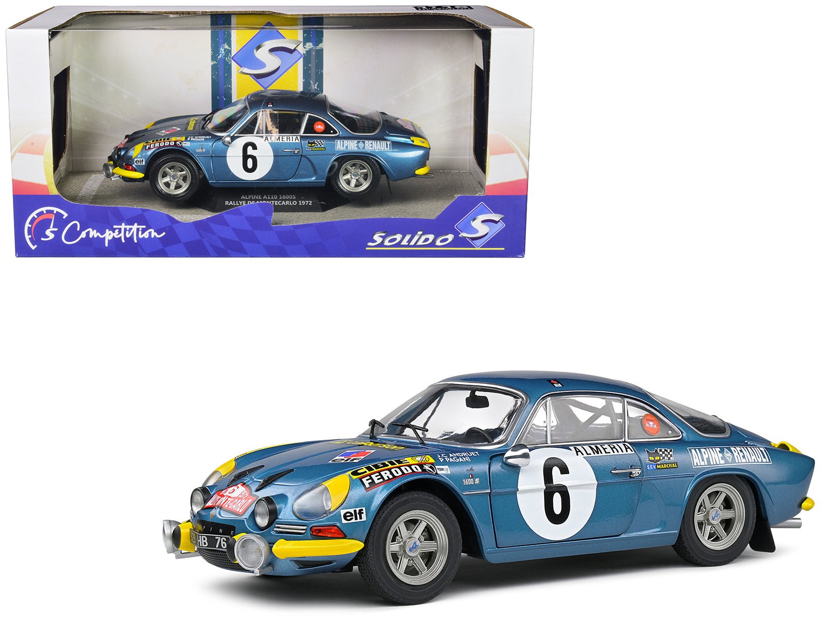 Alpine A110 1600S 6 Jean - Claude Andruet - Pierre Pagani "Rallye Montecarlo" (1972) "Competition" Series 1/18 Diecast Model Car by Solido free shipping USA - Rapid Vehicles