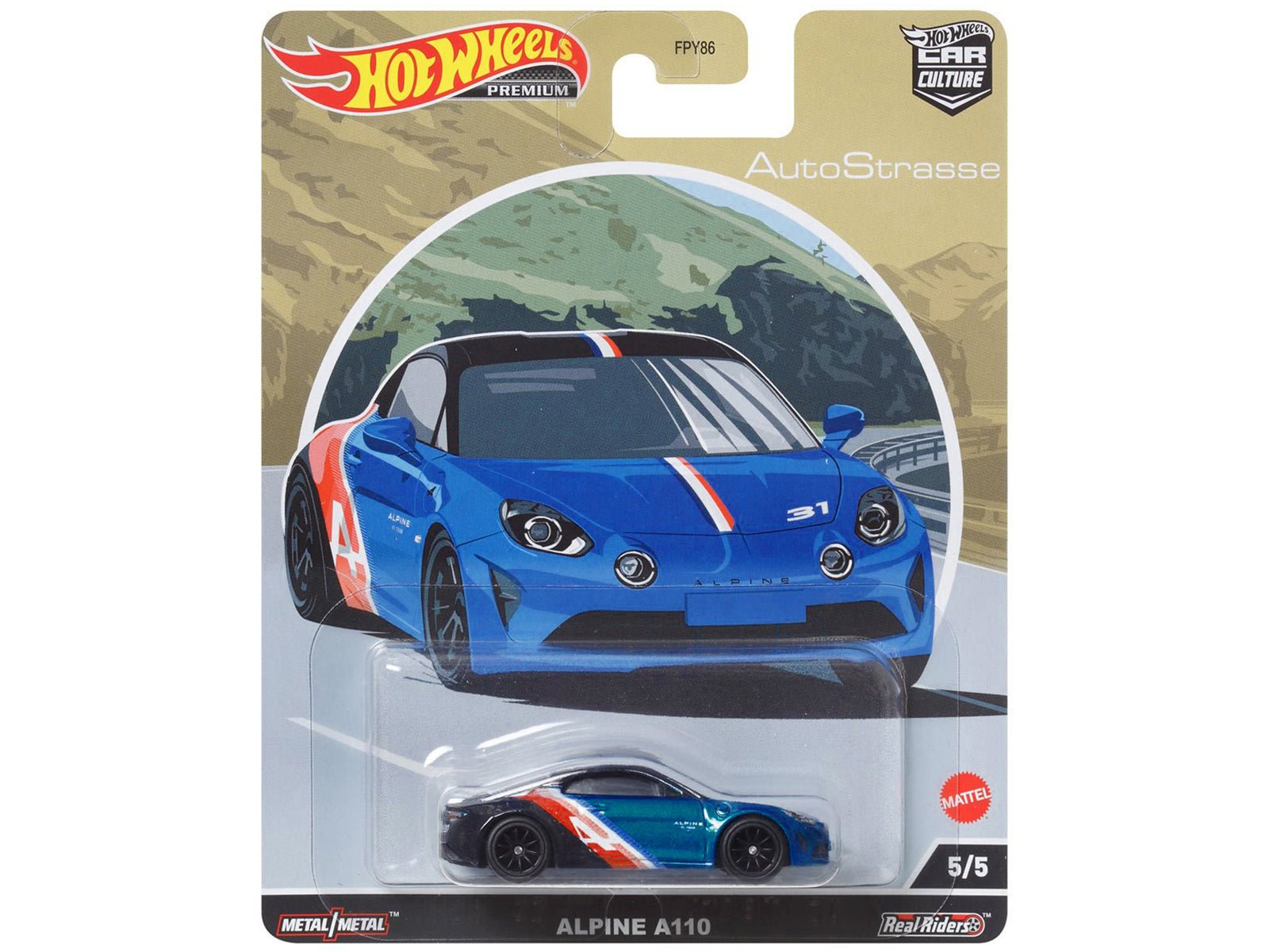 Alpine A110 Blue Metallic and Black with Graphics "Auto Strasse" Series Diecast Model Car by Hot Wheels free shipping USA - Rapid Vehicles