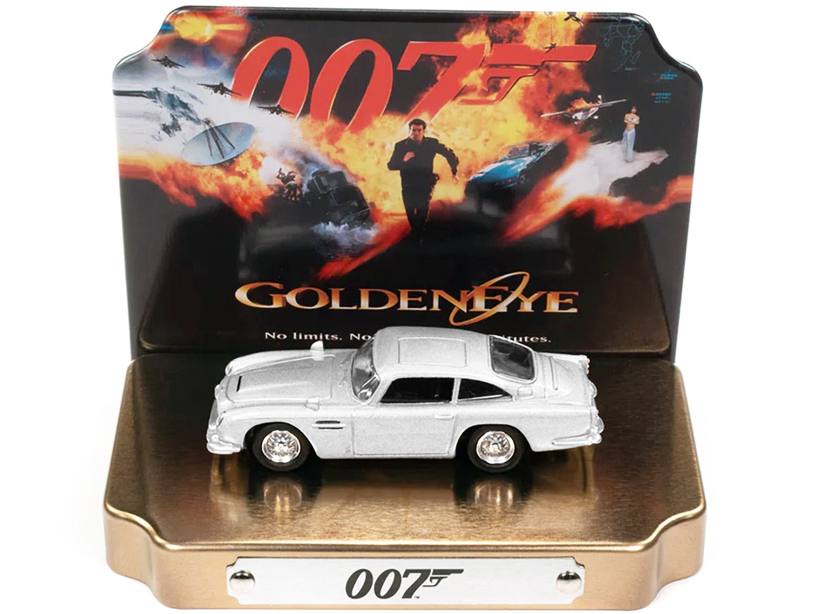 Aston Martin DB5 RHD (Right Hand Drive) Silver Metallic 007 (James Bond) "GoldenEye" (1995) Movie with Collectible Tin Display "Silver Screen Machines" Series 1/64 Diecast Model Car by Johnny Lightning - Rapid Vehicles