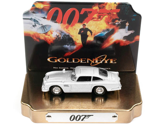 Aston Martin DB5 RHD (Right Hand Drive) Silver Metallic 007 (James Bond) "GoldenEye" (1995) Movie with Collectible Tin Display "Silver Screen Machines" Series 1/64 Diecast Model Car by Johnny Lightning - Rapid Vehicles