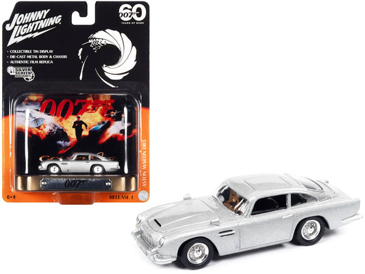 Aston Martin DB5 RHD (Right Hand Drive) Silver Metallic 007 (James Bond) "GoldenEye" (1995) Movie with Collectible Tin Display "Silver Screen Machines" Series 1/64 Diecast Model Car by Johnny Lightning free shipping USA - Rapid Vehicles