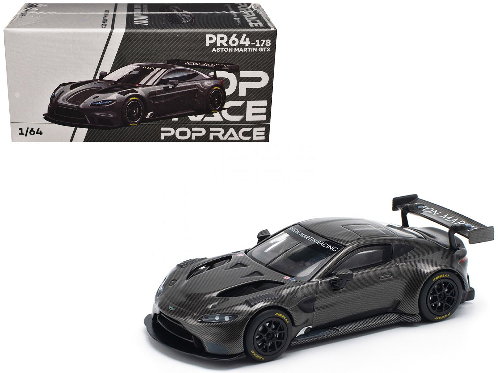 Aston Martin GT3 Carbon Edition 1/64 Diecast Model Car by Pop Race free shipping USA - Rapid Vehicles