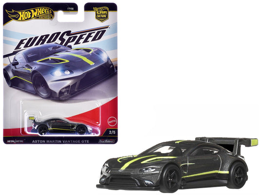 Aston Martin Vantage GTE Dark Gray Metallic with Lime Green Stripes "Euro Speed" Series Diecast Model Car by Hot Wheels free shipping USA - Rapid Vehicles