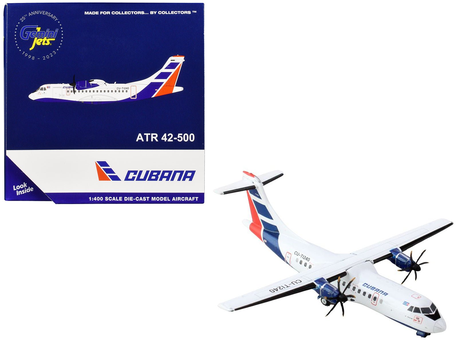 ATR 42 - 500 Commercial Aircraft "Cubana Airlines" (CU - T1240) White with Red and Blue Stripes 1/400 Diecast Model Airplane by GeminiJets free shipping USA - Rapid Vehicles