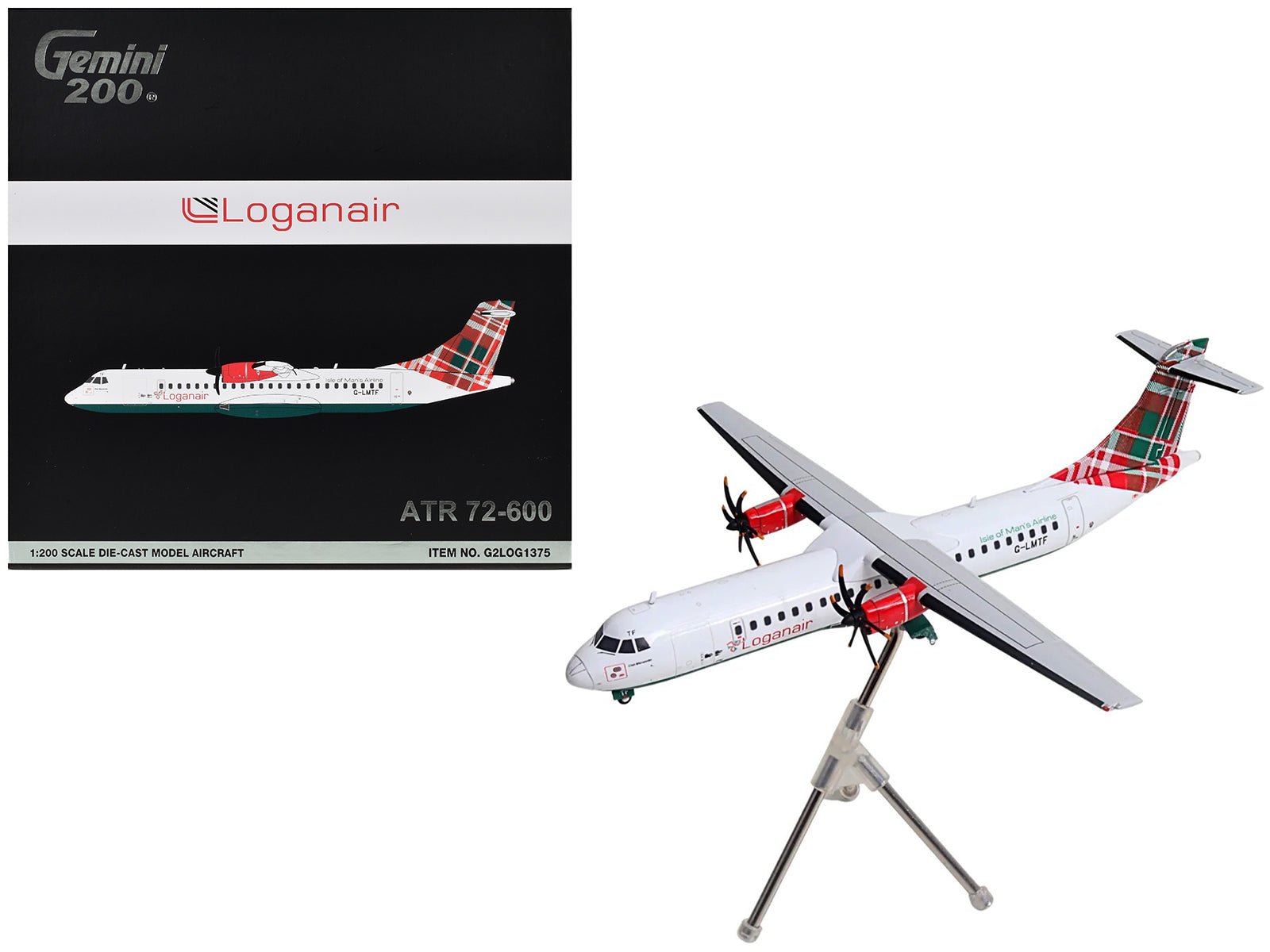 ATR 72-600 Commercial Aircraft "Loganair - Isle of Man's Airline" (G-LMTF) White with Green and Red Plaid Tail "Gemini 200" Series 1/200 Diecast Model Airplane by GeminiJets free shipping USA - Rapid Vehicles