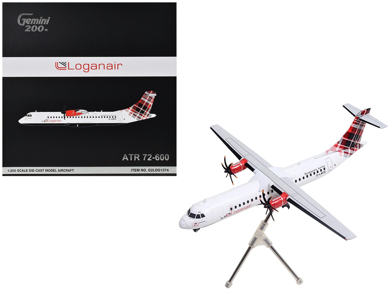 ATR 72-600 Commercial Aircraft "Loganair - Scotland's Airline" (G-LMTE) White with Red Plaid Tail "Gemini 200" Series 1/200 Diecast Model Airplane by GeminiJets free shipping USA - Rapid Vehicles