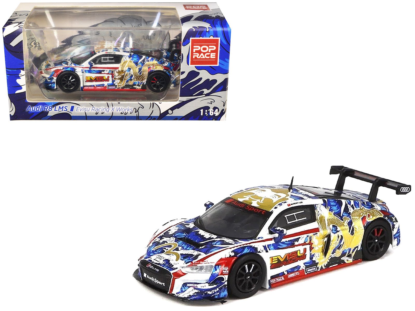 Audi R8 LMS "Evisu Racing X Works" White with Graphics 1/64 Diecast Model Car by Pop Race free shipping USA - Rapid Vehicles