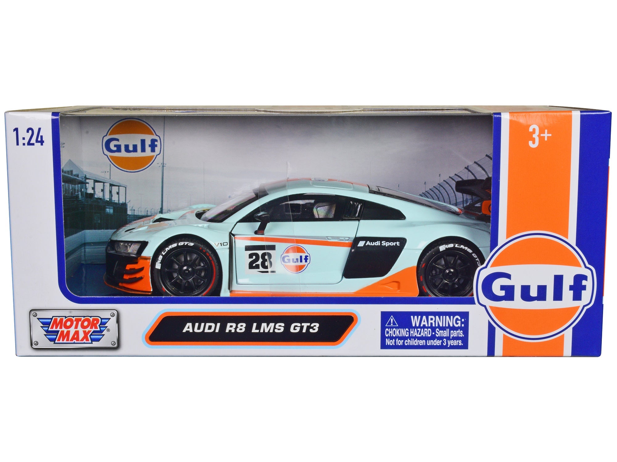 Audi R8 LMS GT3 28 Light Blue with Orange Stripes "Gulf Oil" "Gulf Die - Cast Collection" 1/24 Diecast Model Car by Motormax free shipping USA - Rapid Vehicles