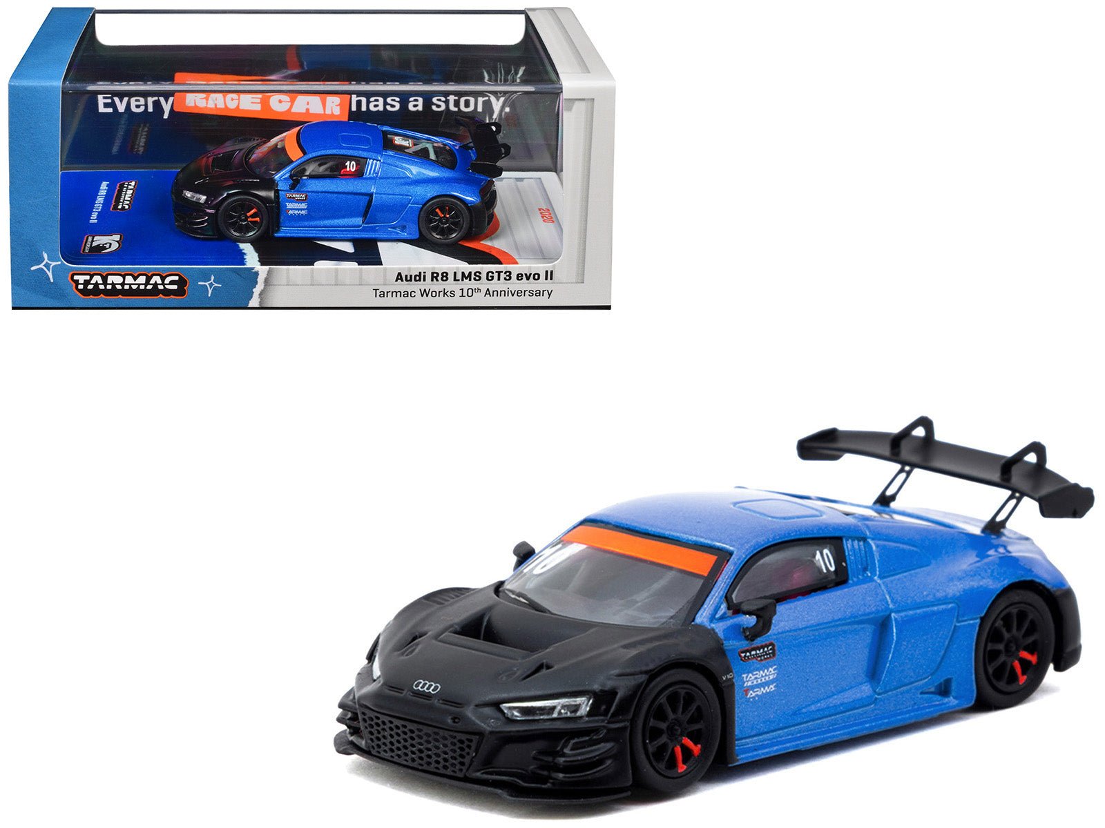 Audi R8 LMS GT3 evo II 10 "Tarmac Works 10th Anniversary" Blue Metallic and Matt Black "Hobby64" Series 1/64 Diecast Model Car by Tarmac Works free shipping USA - Rapid Vehicles