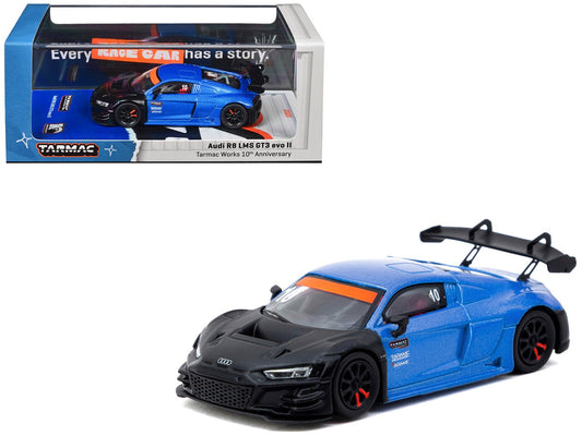 Audi R8 LMS GT3 evo II 10 "Tarmac Works 10th Anniversary" Blue Metallic and Matt Black "Hobby64" Series 1/64 Diecast Model Car by Tarmac Works free shipping USA - Rapid Vehicles