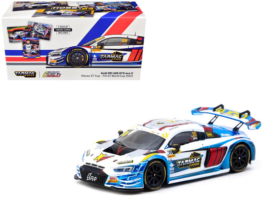 Audi R8 LMS GT3 evo II 30 James Yu "Uno Racing Team" "Macau GT Cup - FIA GT World Cup" (2024) with Plastic Transporter Packaging and Collectible Tarmac Cards "Hobby64" Series 1/64 Diecast Model Car by Tarmac Works free shipping USA - Rapid Vehicles