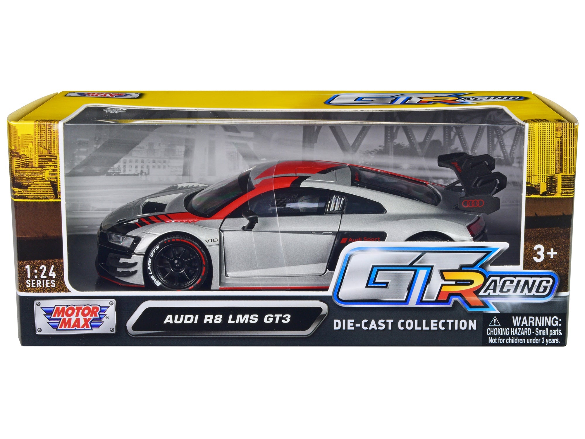 Audi R8 LMS GT3 Silver Metallic with Graphics "GT Racing" Series 1/24 Diecast Model Car by Motormax free shipping USA - Rapid Vehicles