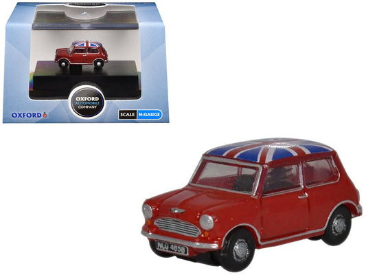 Austin Mini RHD (Right Hand Drive) Tartan Red with Union Jack Top 1/148 (N) Scale Diecast Model Car by Oxford Diecast free shipping USA - Rapid Vehicles