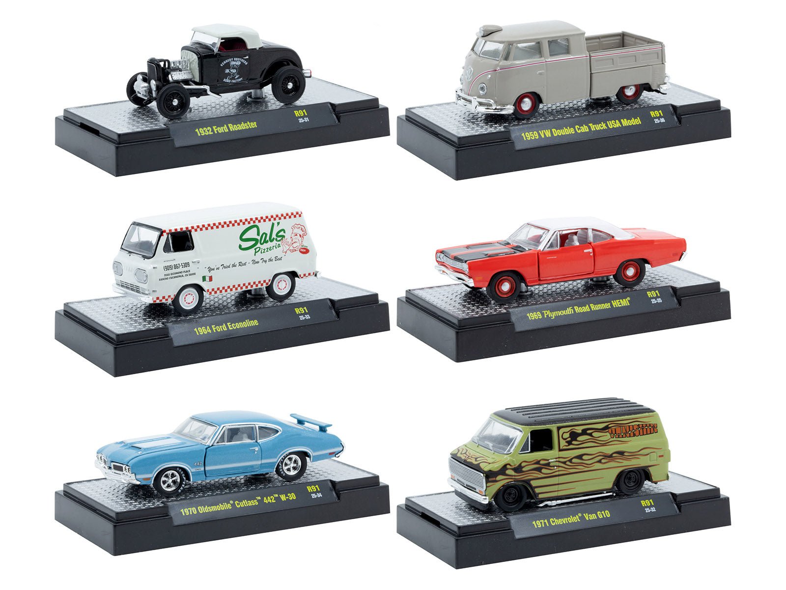 "Auto Meets" Set of 6 Cars IN DISPLAY CASES Release 91 Limited Edition 1/64 Diecast Model Cars by M2 Machines free shipping USA - Rapid Vehicles