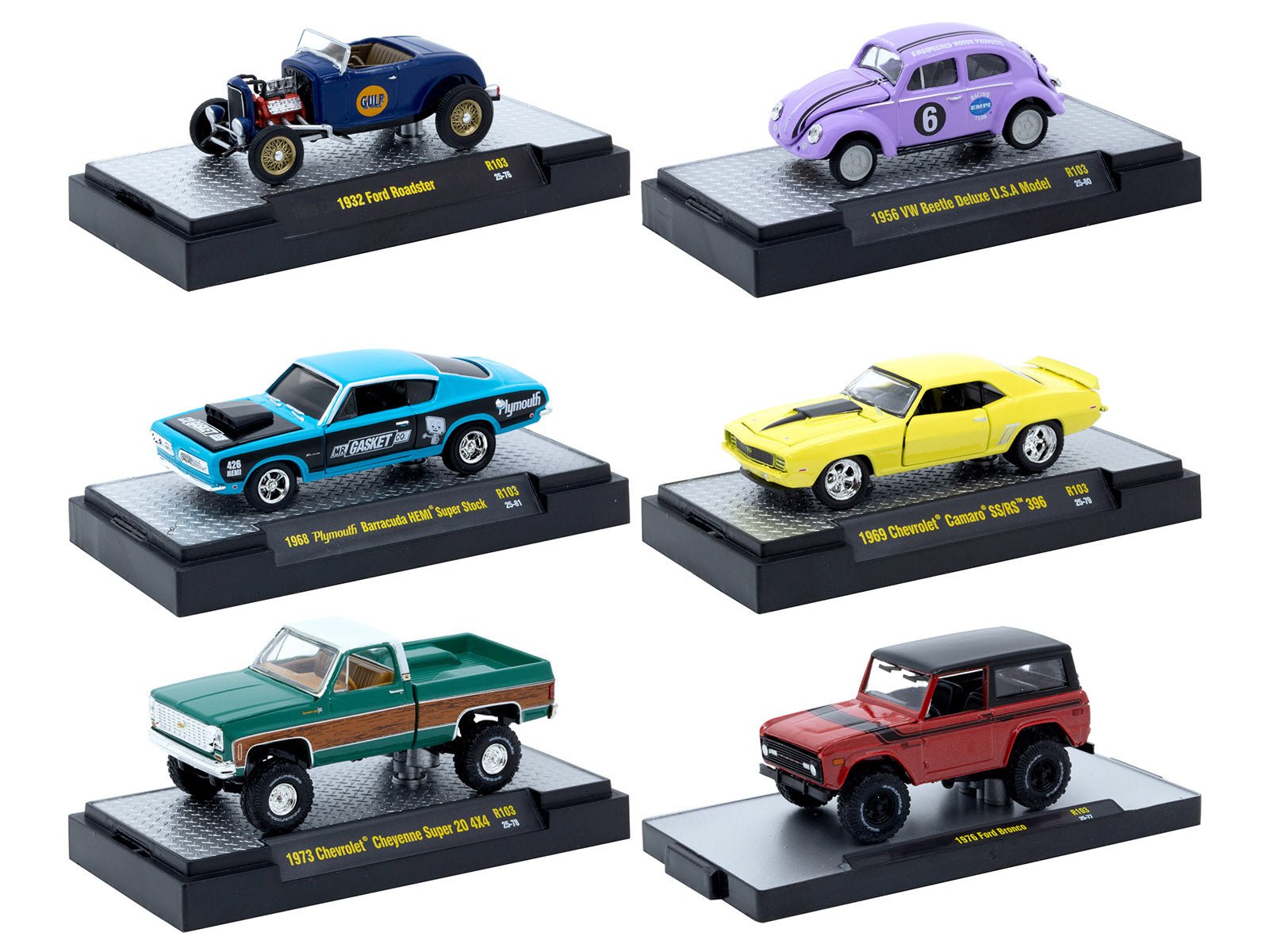 "Auto-Thentics" 6 piece Set Release 103 IN DISPLAY CASES Limited Edition 1/64 Diecast Model Cars by M2 Machines free shipping USA - Rapid Vehicles