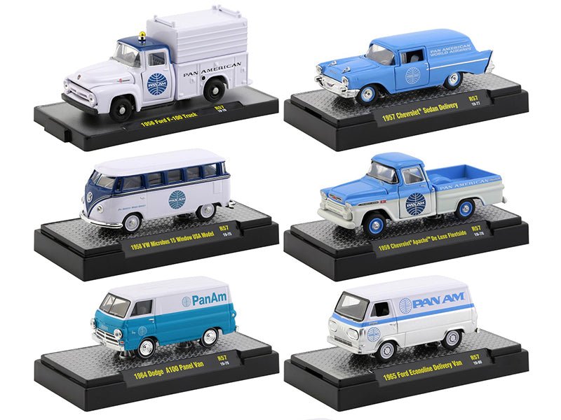 "Auto Trucks" Set of 6 pieces Release 57 "Pan American World Airways" (Pan Am) IN DISPLAY CASES 1/64 Diecast Model Cars by M2 Machines free shipping USA - Rapid Vehicles