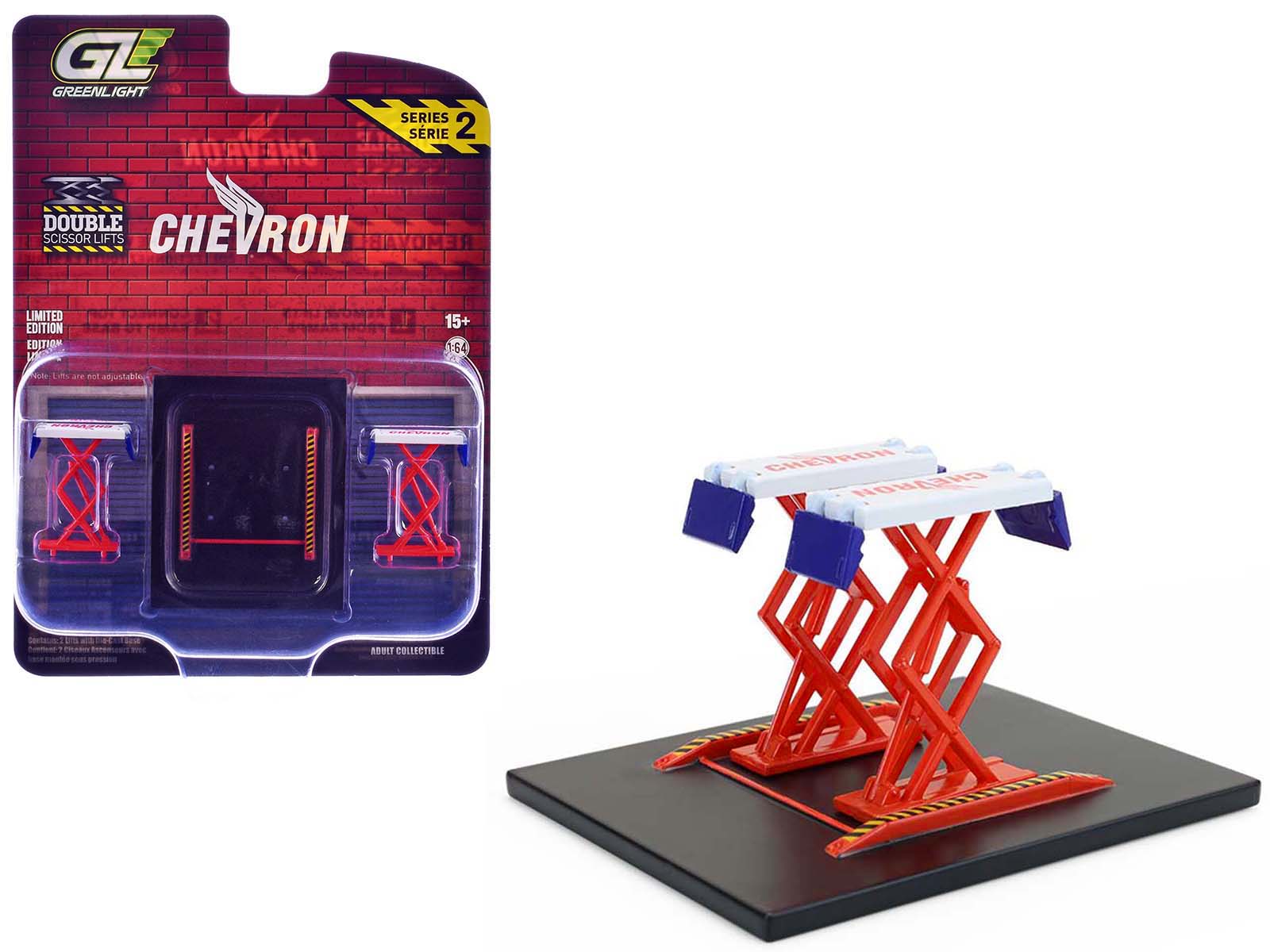 Automotive Double Scissor Lift "Chevron" White and Red "Double Scissor Lifts" Series 2 1/64 Diecast Model by Greenlight free shipping USA - Rapid Vehicles