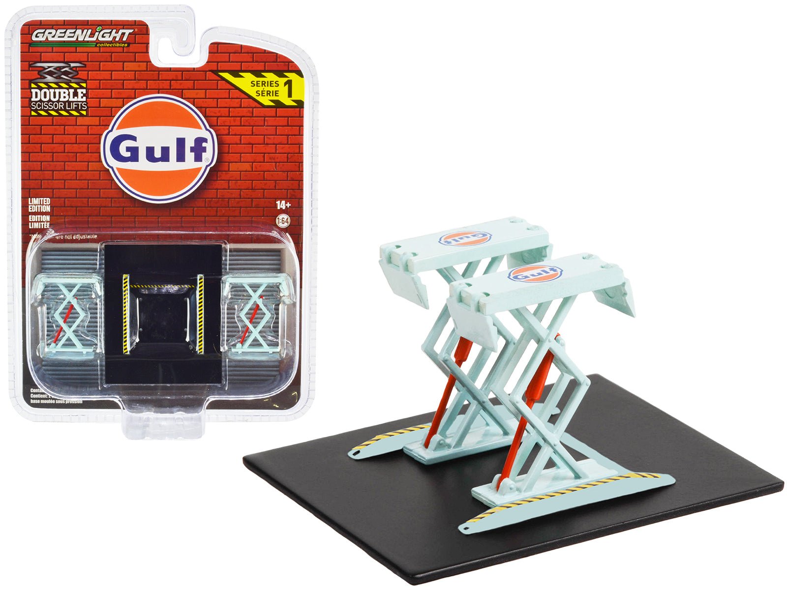 Automotive Double Scissor Lift "Gulf Oil" Light Blue "Double Scissor Lifts" Series 1 1/64 Diecast Model by Greenlight free shipping USA - Rapid Vehicles