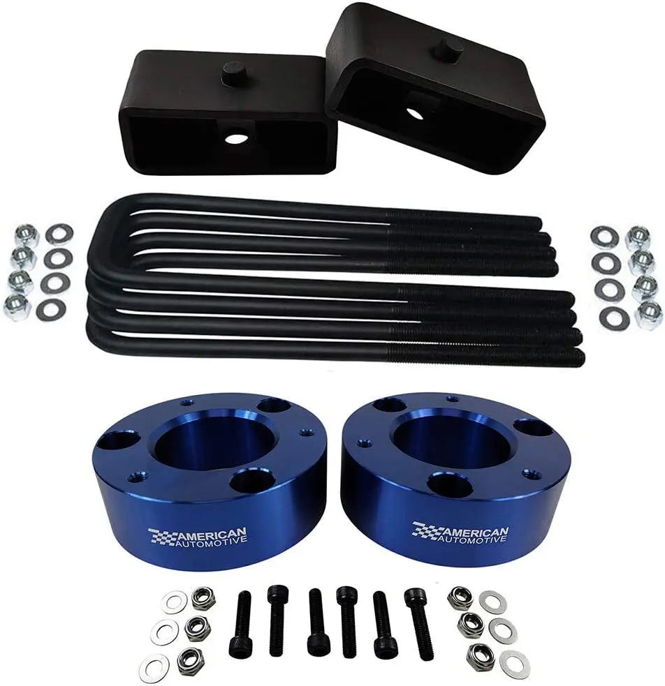 Full Lift Kit Compatible Compatible 2007+ Silverado & Sierra 1500 3" Front Lift Strut Spacers + 2.5" Rear Lift Blocks + Square Bend U-Bolts 2WD 4WD (Blue)